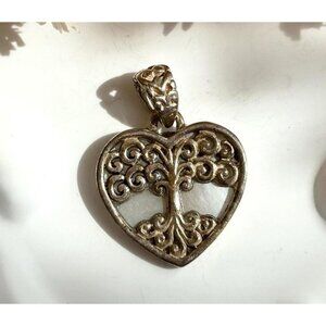Tree of Life Heart & Mother of Pearl + Abalone Sterling 925 Vintage Pendant